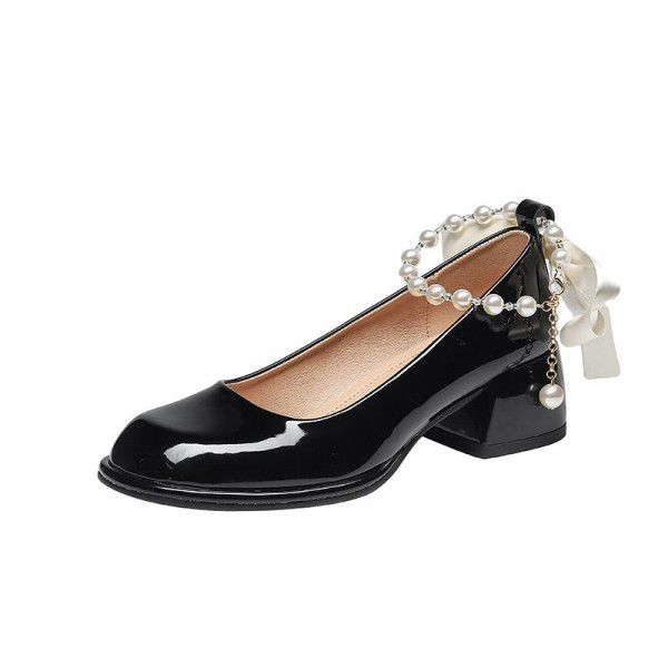 French round toe straight line high heels, thick heel shoes, fairy style pearl Mary Jane women's shoes, spring and autumn style for women 