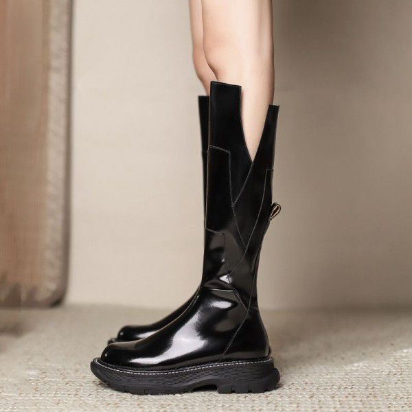 British Martin Boots Women's Lacquer Leather Thick Sole Autumn and Winter New Long Sleeve Slim Knee Length Boots 