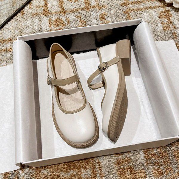 French genuine leather Mary Jane shoes women's season new thick heel flat sole single shoe retro and gentle 