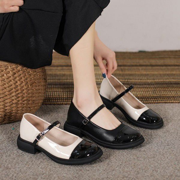Mary Jane Little Leather Shoes Women's Spring Fragrant Retro Round Toe Black and White Mid Heel French Single Shoes 