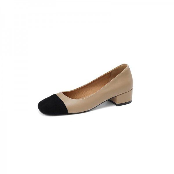 Commuter black apricot classic color matching square toe flat sole single shoe cow leather flat sole women's single shoe new spring and autumn styles 