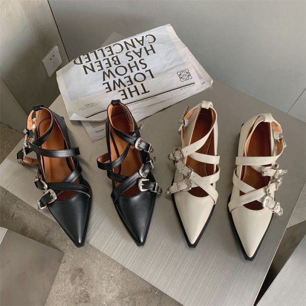 Fashionable cross belt pointed shallow cut single shoe for women's new belt buckle low heel shoes for women 