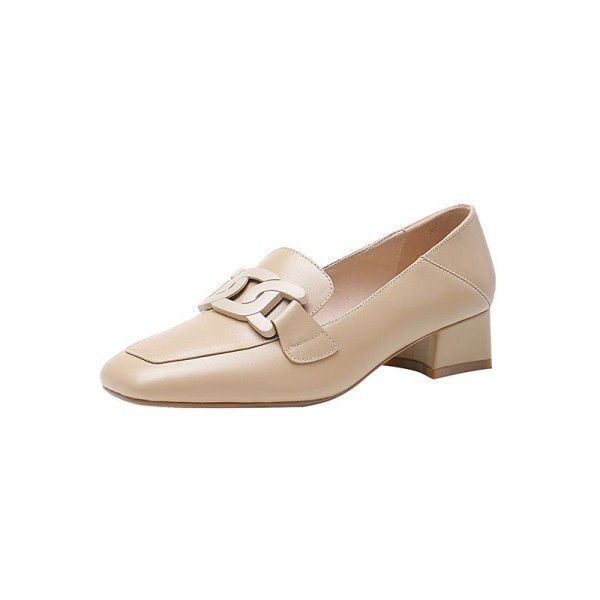 Spring and Autumn New Genuine Leather Leisure Lefu Women's Single Shoes Korean Edition Comfortable Middle Heel Shoes Square Headed Retro Commuter Women's Shoes 