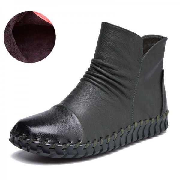 Autumn New Genuine Leather Short Boots Casual Flat Bottom Versatile Round Head Leather Boots 