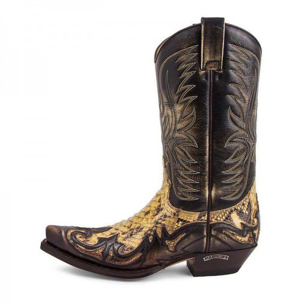 European and American men's retro knight boots with snake embroidery pointed toe ethnic fashion boots 