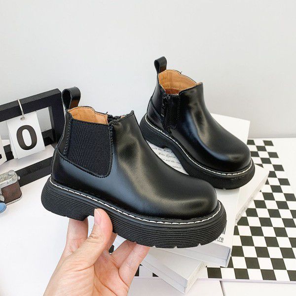Top layer cowhide children's short boots autumn new girls British style thick sole single Martin boots men's boots trend 