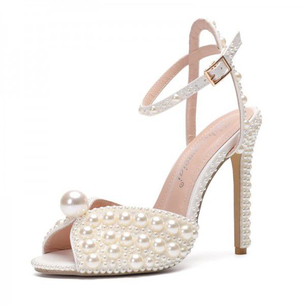 Autumn New Fish Mouth High Heels Slim Heels Shallow Mouth Water Diamond Pearl Women's Single Shoes Wedding Dress Bridal Wedding Shoes 