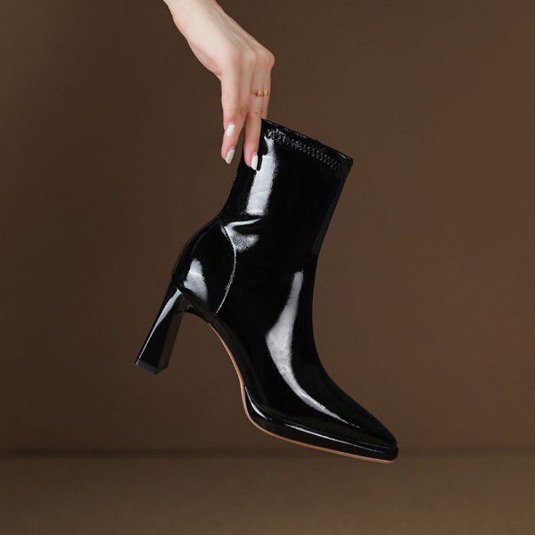 Mid length high heeled boots, children's new autumn and winter thick heel single lining patent leather French style short boots 