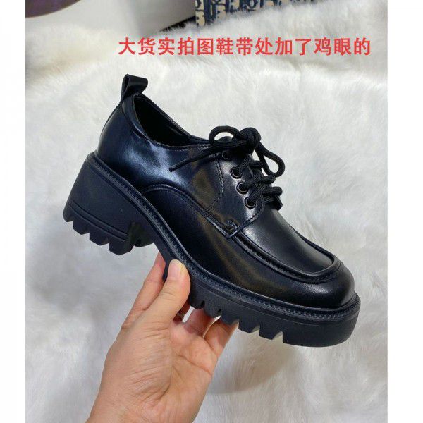 Small leather shoes, women's British style lace up, Korean version versatile thick heels, high heels, genuine leather casual single shoes, college style women's leather shoes 