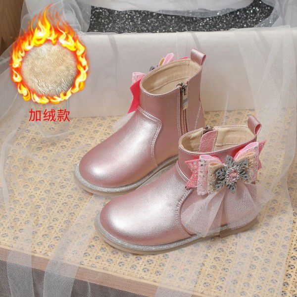 Girls' Short Boots Autumn New Children's Single Boots Little Girls English Style Leather Boots Bow Knot Plush Boots 