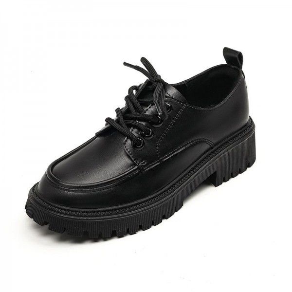 Thick soled small leather shoes for women, new British style slimming and versatile lace up single shoes, thick heel cowhide loafers 