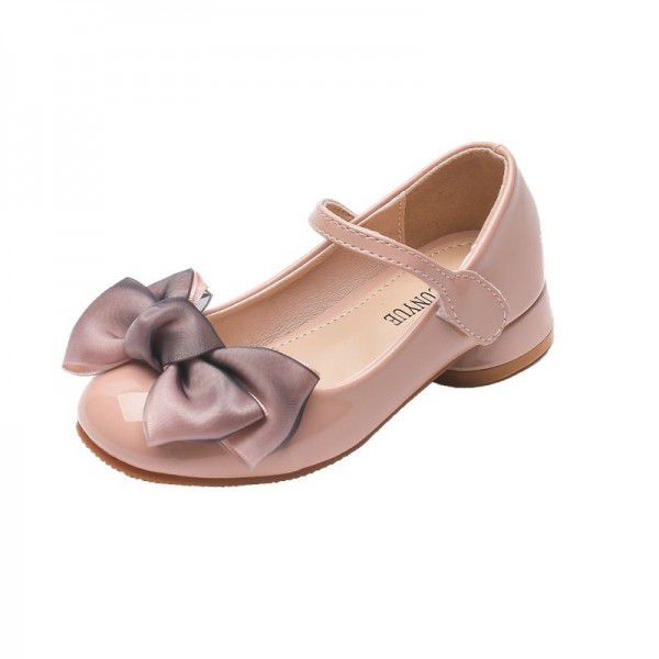 Girls' Shoes Princess Autumn New Bow Children's Heel Small Leather Shoes Lacquer Leather Middle and Big Children's Single Shoes 