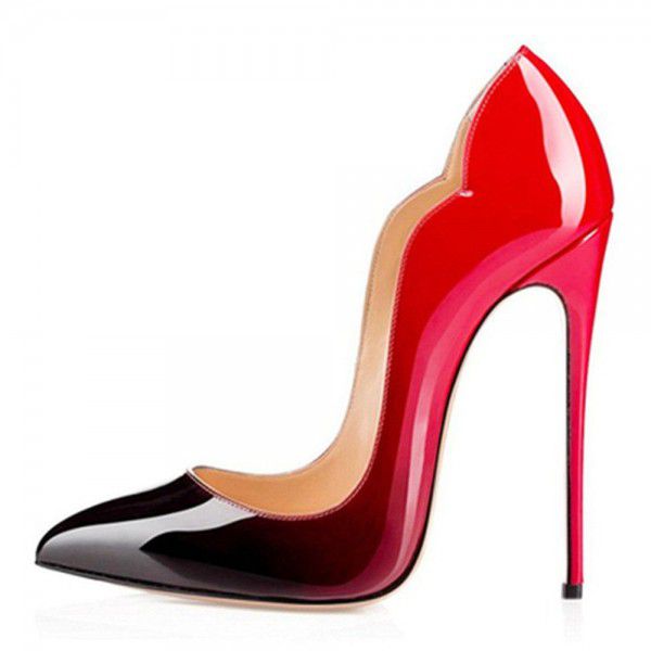 Black patent leather high heels, women's slim heels, pointed toe, shallow mouthed party shoes, solid color single shoes, oversized wedding shoes 