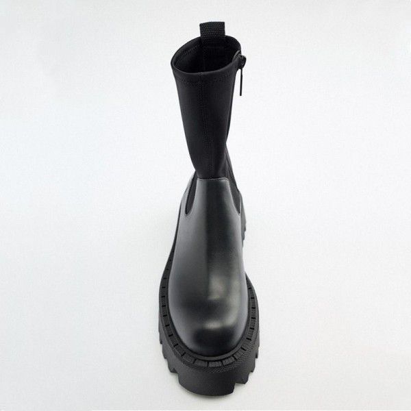 Autumn and Winter New Women's Boots Black Side Zipper Thick Sole Heightened Dark Slim Elastic Mid Sleeve Martin Boots 