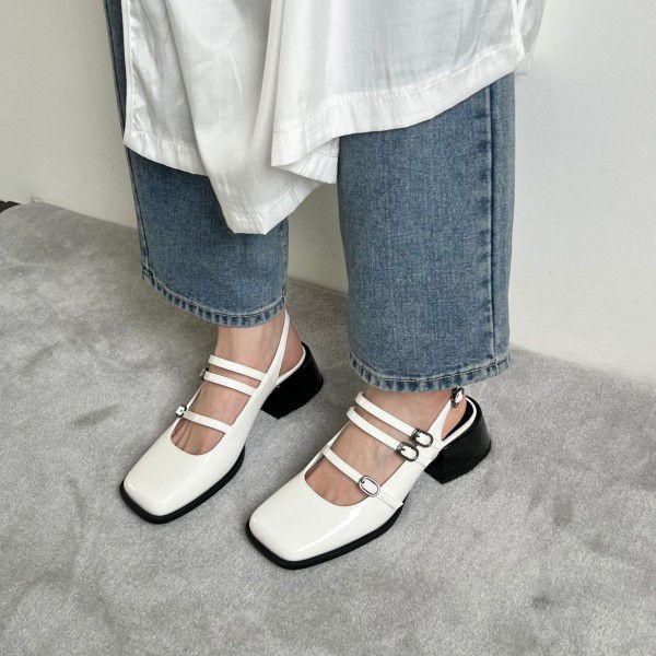 Thick Heel Baotou Mary Jane Shallow Mouth Single Shoes Women's High Heels Square Toe Strap Summer Sandals 
