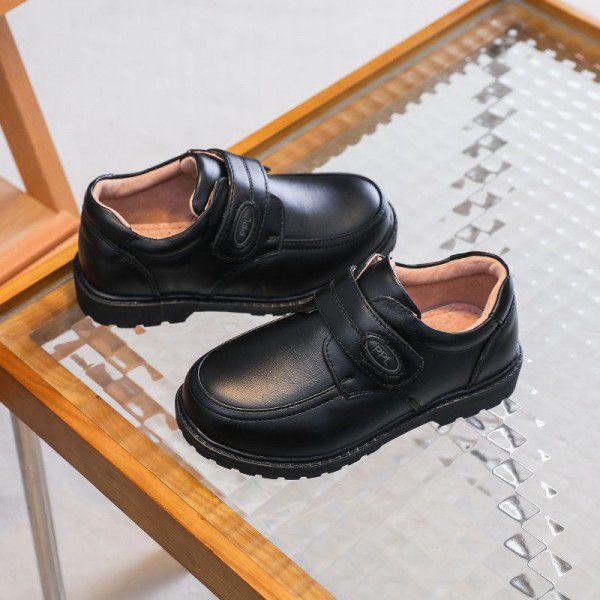 Boys' leather shoes with genuine leather and soft soles, little boys' black spring British style student performance children's shoes 