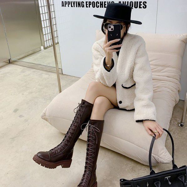 Brown Genuine Leather Women's Boots Long Sleeve Knight Boots Women's New Thick Sole Long Boots Thick Heel High Sleeve Boots Elastic Thin Boots 