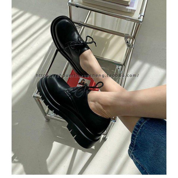 English style small leather shoes with round toe tie up and thick sole, high heel, handsome and versatile Korean version single shoe for women 