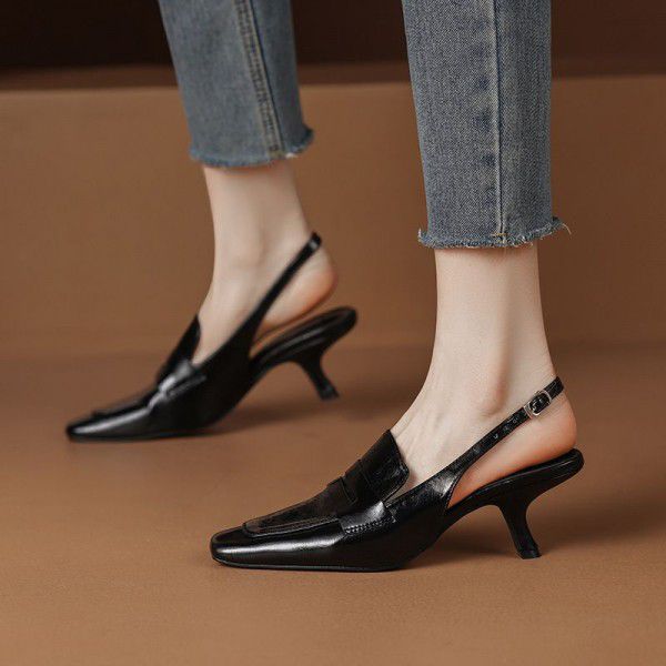 Black Baotou Sandals for Women, Small, Square Head, Thin Heel, Back Empty Single Shoe, Cowhide Temperament, High Heel Sandals 