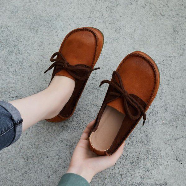 Spring New Style Handsome Casual Cowhide Round Head Colored Lace up Women's Shoes Flat Heel Soft Sole Single Shoe 