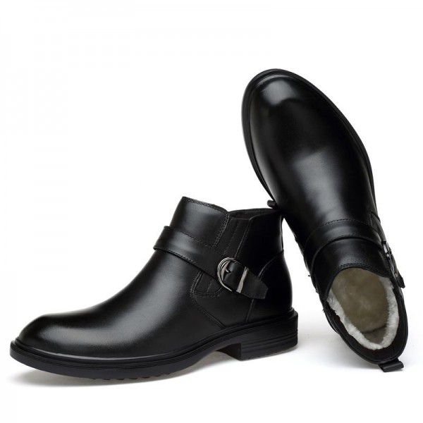 Men's leather boots, new top layer cowhide black high cut Martin boots, men's business casual plush short boots 
