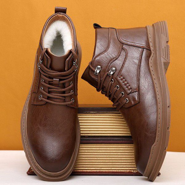 Plush Martin boots, autumn and winter new men's shoes, round toe work boots, Korean version trend leather boots, retro men's short boots 