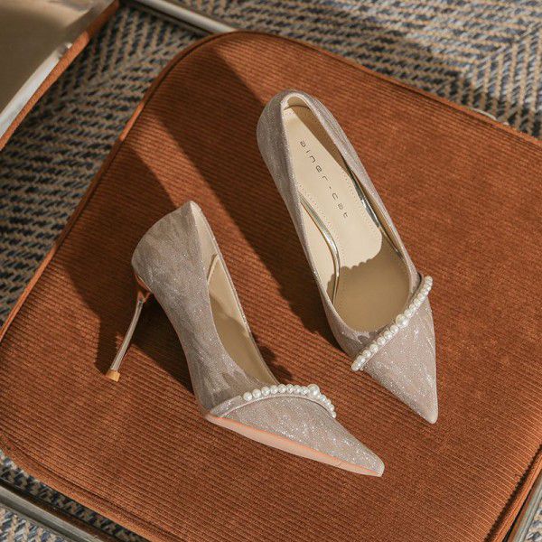 High Heel Women's Fine Heels Winter New Crystal Bridal Wedding Shoes Pointed Toe Shallow Mouth Pearl Single Shoes 
