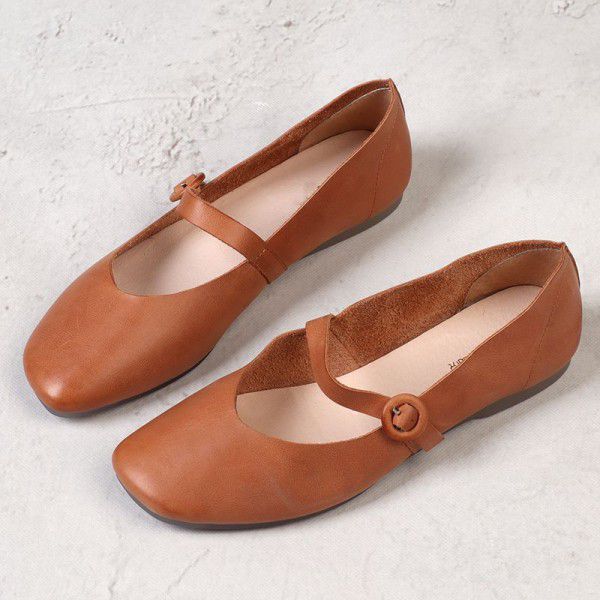 Genuine leather flat sole single shoe women's soft leather Mary Jane shoes Sen series retro square toe shallow cut cowhide literary women's shoes 