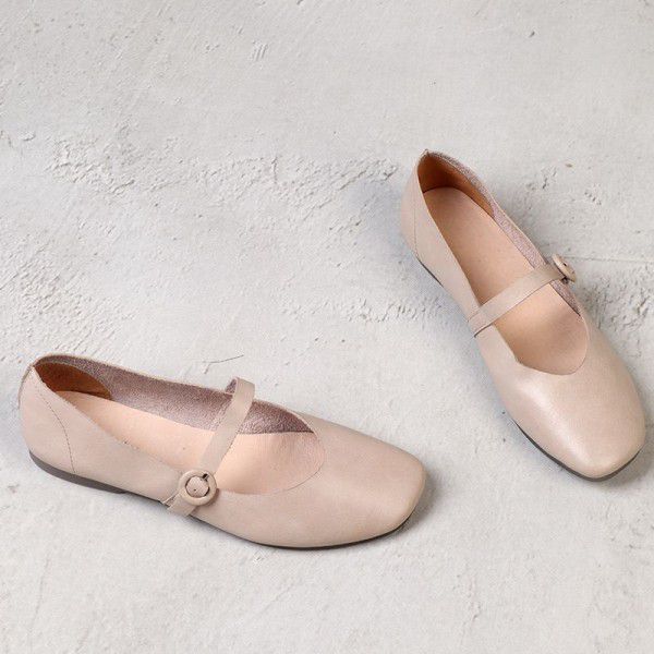 Genuine leather flat sole single shoe women's soft leather Mary Jane shoes Sen series retro square toe shallow cut cowhide literary women's shoes 