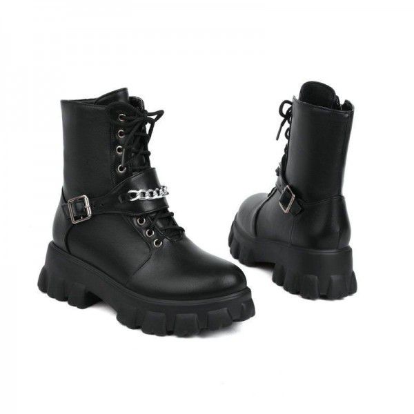 British Martin Boots Zipper Front Lace up Matsutake Thick Bottom Short Boots Belt Buckle Women's Motorcycle Boots 