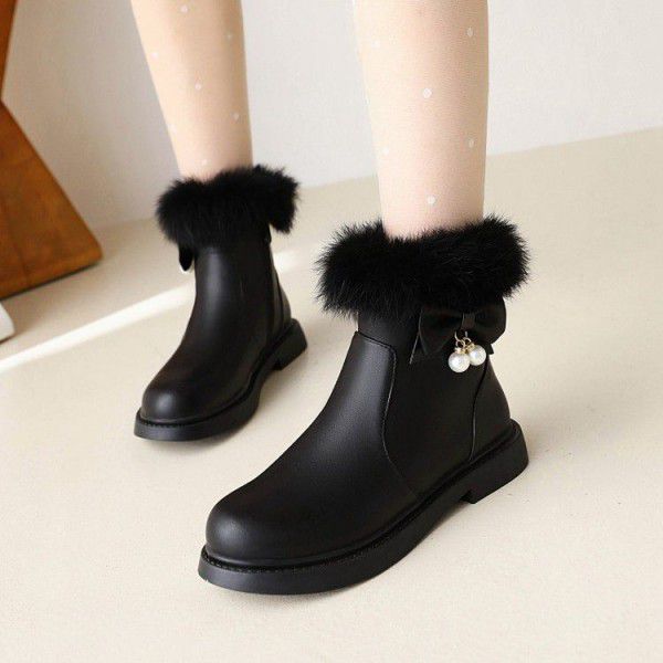 Girls' short boots, spring and autumn children's boots, big boys' flower little girls' plush winter princess ankle boots, snow boots 