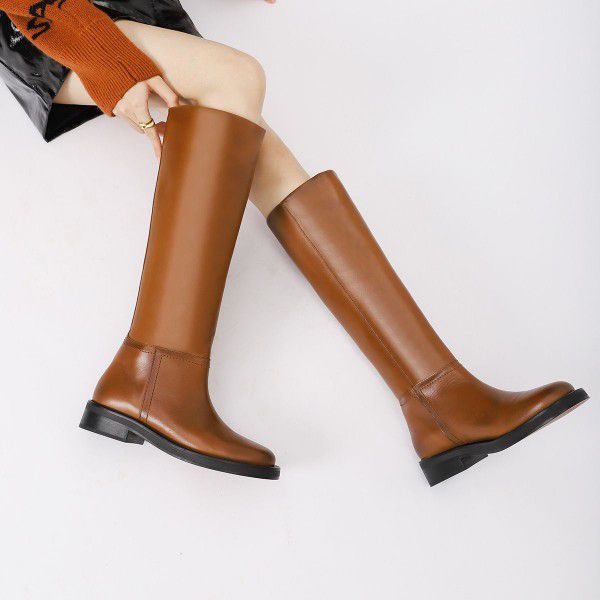 Women's brown English style flat cut retro slim round head high tube flat bottom skinny knight boots 