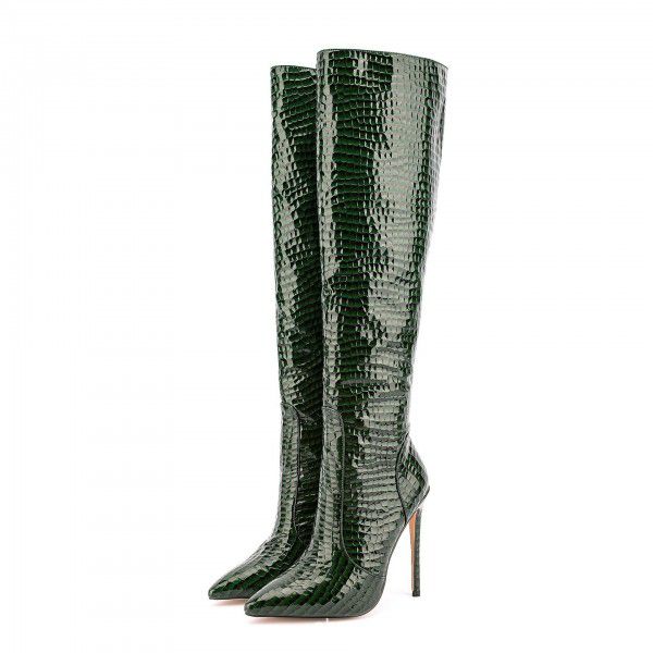 Metal stone patterned pointed toe thin heeled mid length boots can be made with single lining and added colors 