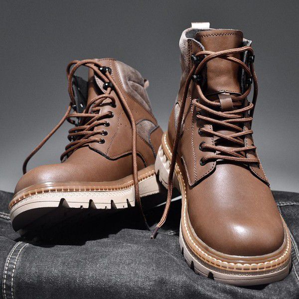 Thick soled Martin boots, men's leather boots, winter plush insulation, work attire boots, messy short boots, high top motorcycle men's shoes, genuine leather 