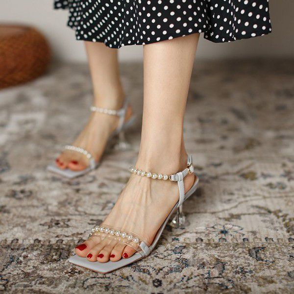 Pearl Sandals Women's Middle Heel New Thin Heel High Heel Summer Korean Student Fairy Caligae Shoes 