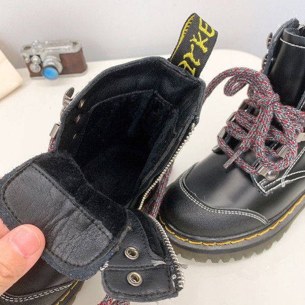 Autumn and Winter New Children's Shoes Children's English Cowhide Martin Boots Boys and Girls' Side Zipper Motorcycle Leather Boots 