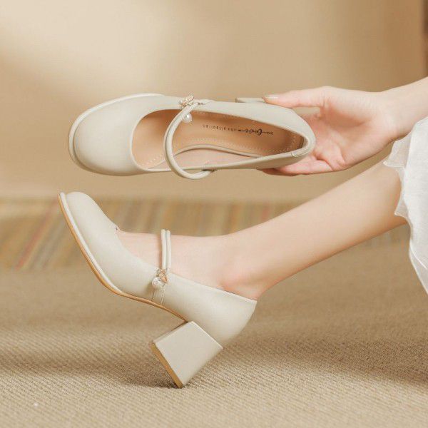 French Marilyn Women's Shoes Spring and Autumn New Waterproof Platform High Heel White Single Shoes Thick Heel Round Toe Small Leather Shoes 