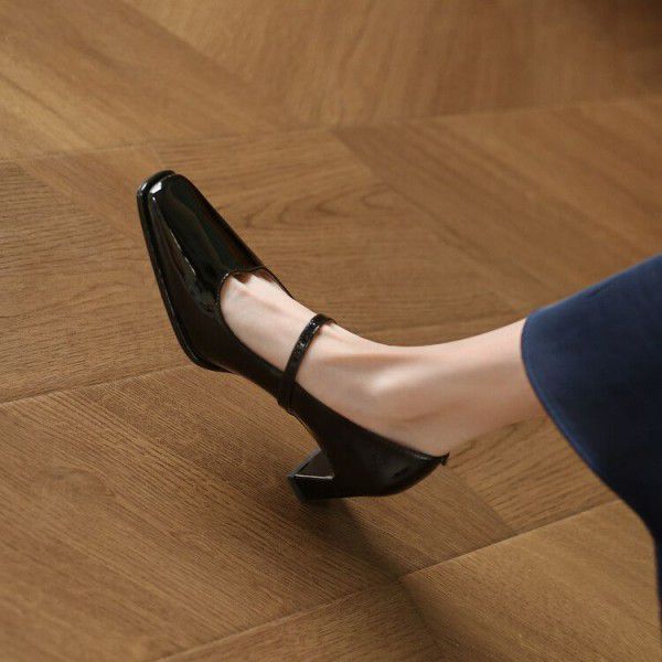 Summer New Square Head High Heels Women's Shallow Mouth Single Shoes Thick Heels Mary Jane Shoes Wine Red Cowhide Shoes 