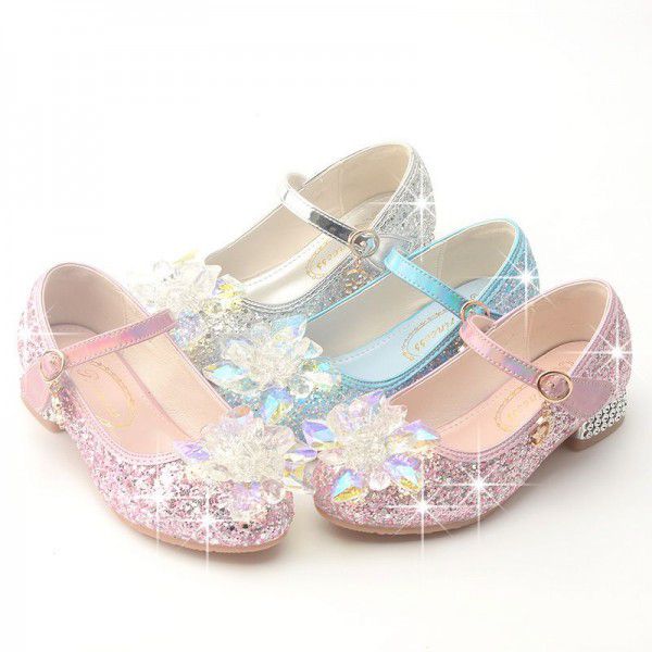 Children's high heels, spring and autumn seasons, little girls' shallow mouth single shoes, princess high heels, crystal shoes, girls' leather shoes 