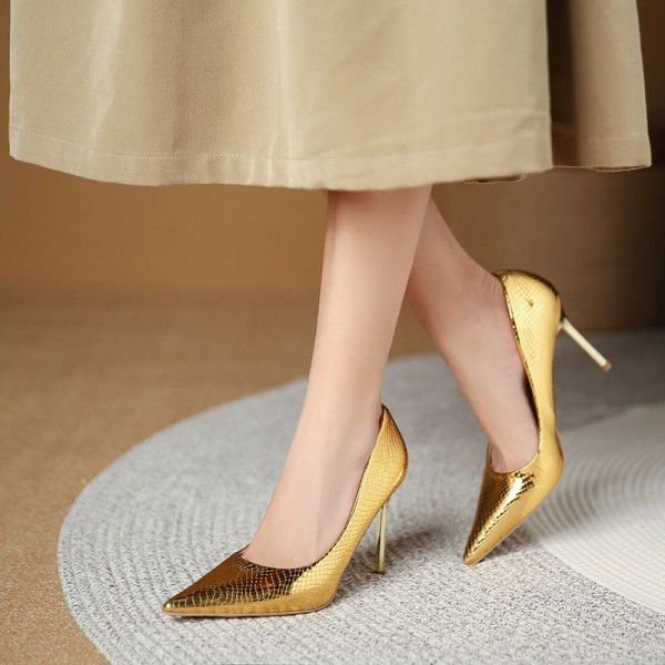 Sexy gold snake patterned high heels for women's n...