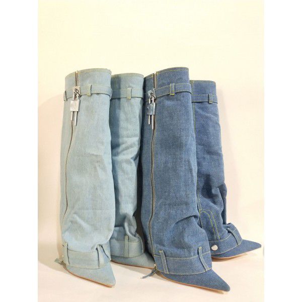 New pointy Cowboy boot skirt shark high heels women's boots large size long tube belt buckle thin heels women's shoes 