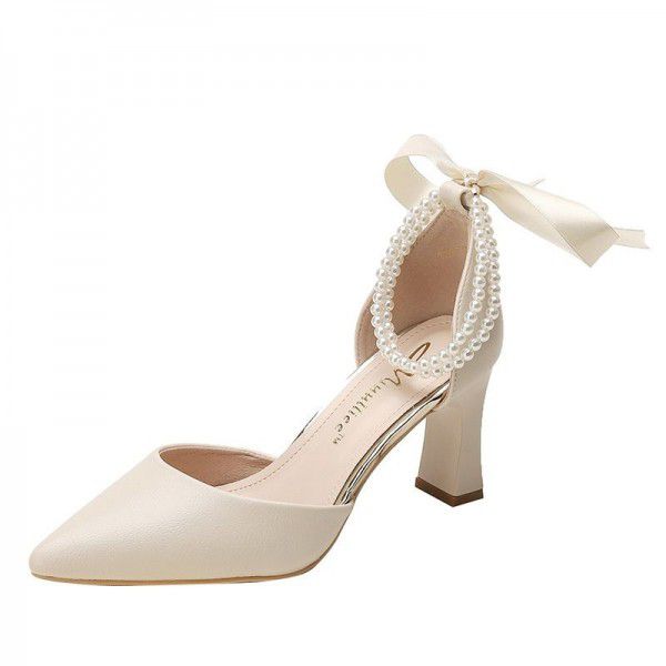 New Versatile High Heels Women's Thick Heels Hollow Black Professional Pointed Button Women's Shoes French Single Shoes 
