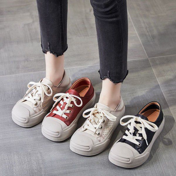 Thick soled casual board shoes for women's spring and summer new hollow hole shoes, genuine leather versatile single shoes, two pairs of lazy half slippers 