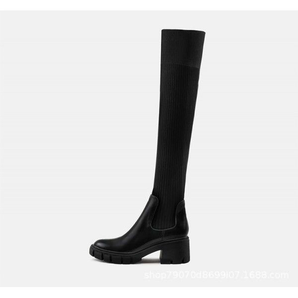 Martin Boots Women's English style thick heeled thick soled long boots with elastic cuffs over the knee that do not fall off the tube 