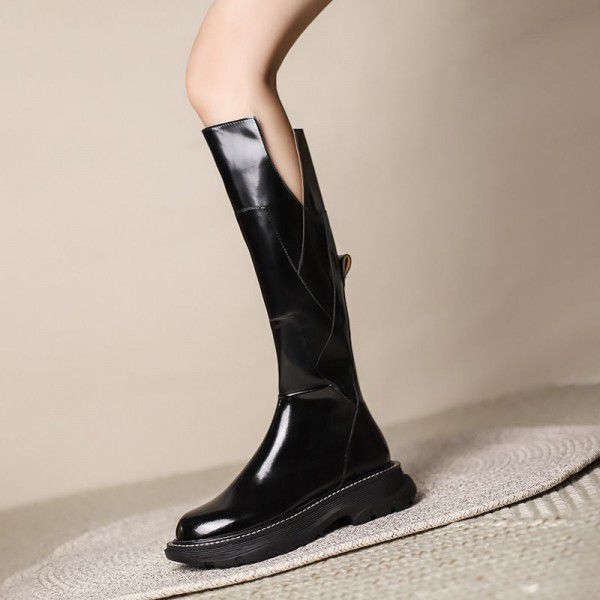 British Martin Boots Women's Lacquer Leather Thick Sole Autumn and Winter New Long Sleeve Slim Knee Length Boots 