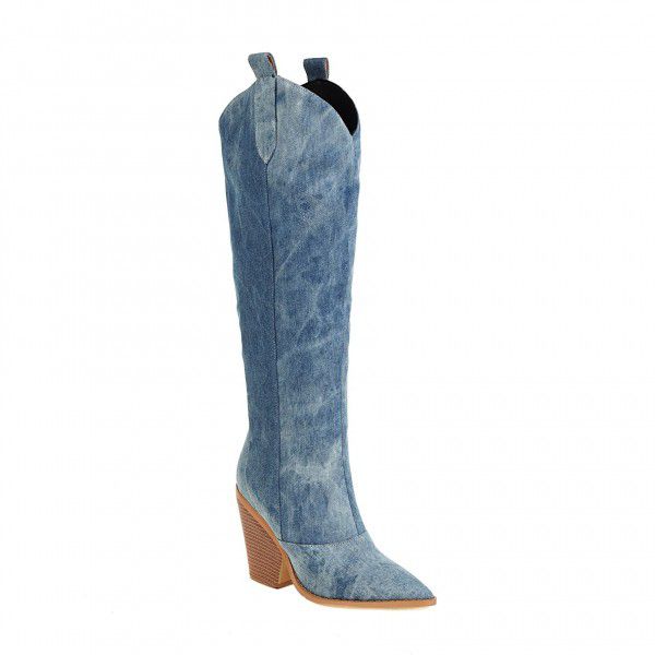 New high-heeled pointed denim high boots in autumn and winter 
