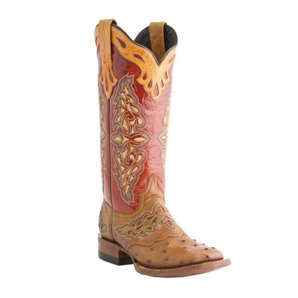 Women's boots, autumn and winter new leather boots, square toe thick heels, colorful patterned knight boots 
