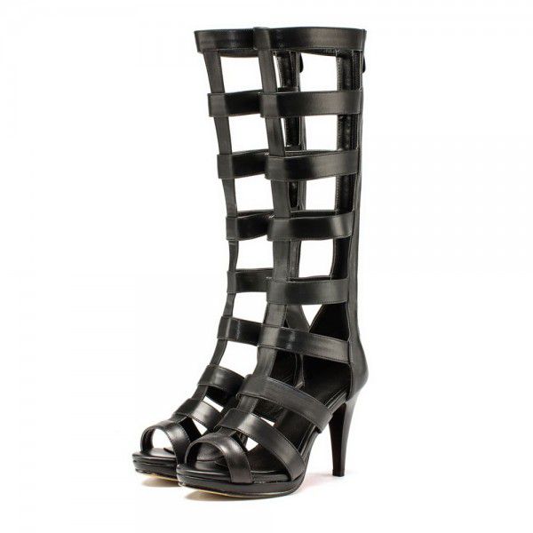 Summer Slim Heel High Heel High Barrel Cool Boots Large Hollow Back Zipper Women's Shoes 