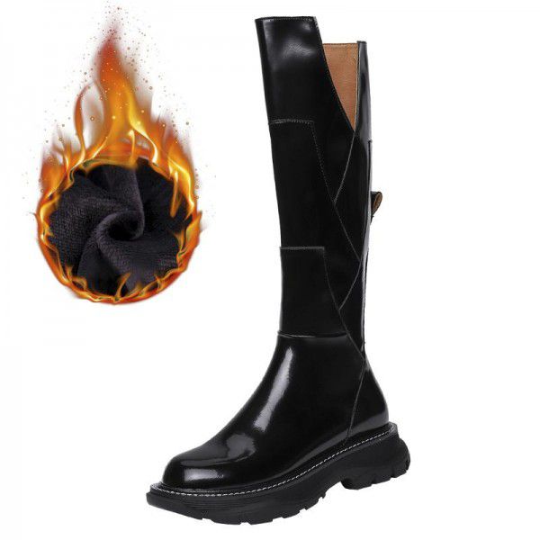 British Martin Boots Women's Lacquer Leather Thick Sole Autumn and Winter New Long Sleeve Slim Knee Length Boots 