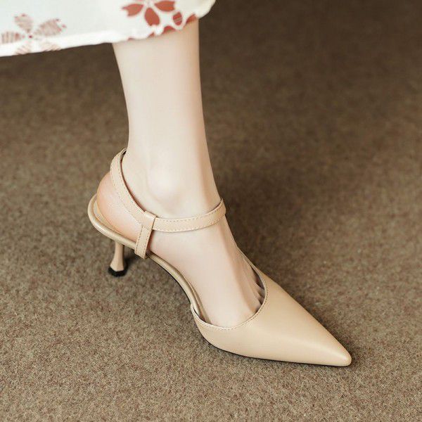 Nude colored Baotou back empty sandals for women with thin heels and pointed tips, new full leather one line strap for spring and summer, paired with skirts and high heels 